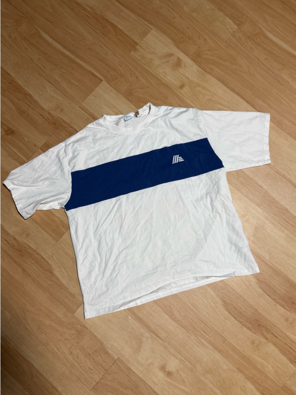 Men's White Tee with Navy Chest Stripe